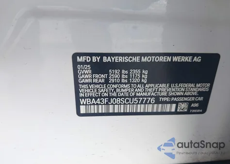 2025 BMW 530 I from USA, damaged, VIN WBA43FJ08SCU57776